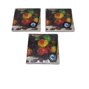Coaster Absorbent With Natural Cork Back of Apples and Grapes Set of 3